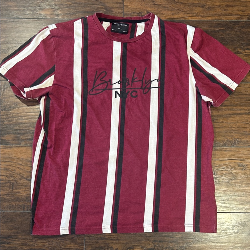 Denim & Flower Brooklyn NYC Graphic Ricky Singh Horizontal Striped T-Shirt Lg